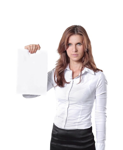 Young business woman showing blank sheetisolated on white