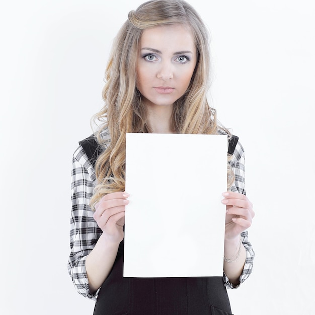 Young business woman showing exclamation markisolated on white