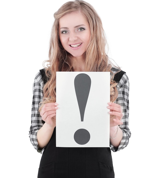 Young business woman showing exclamation markisolated on white