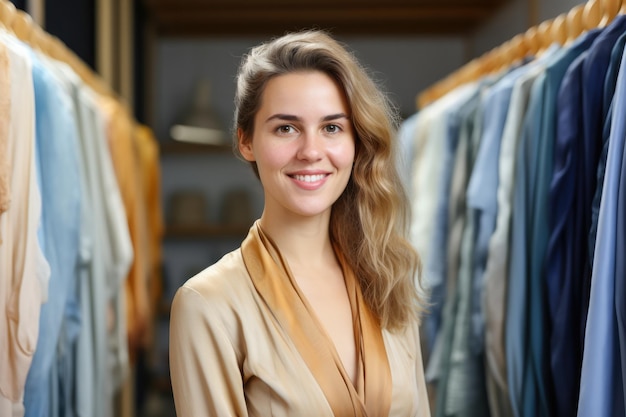 Молодая деловая женщина улыбается, гордо стоя в своем недавно открытом текстильном магазине Generative AI