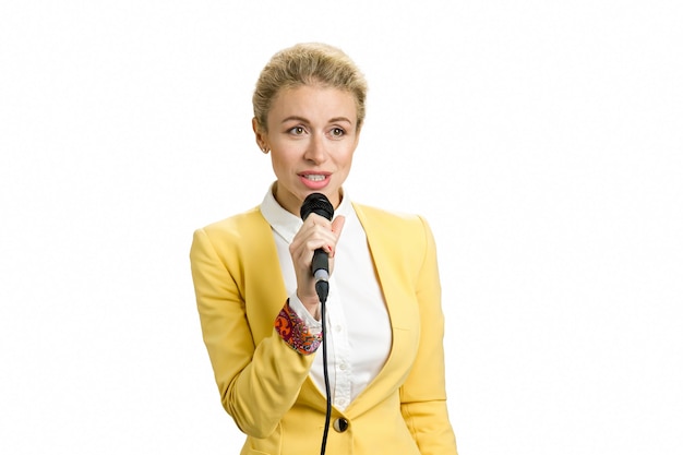 Photo young business woman speaking on microphone