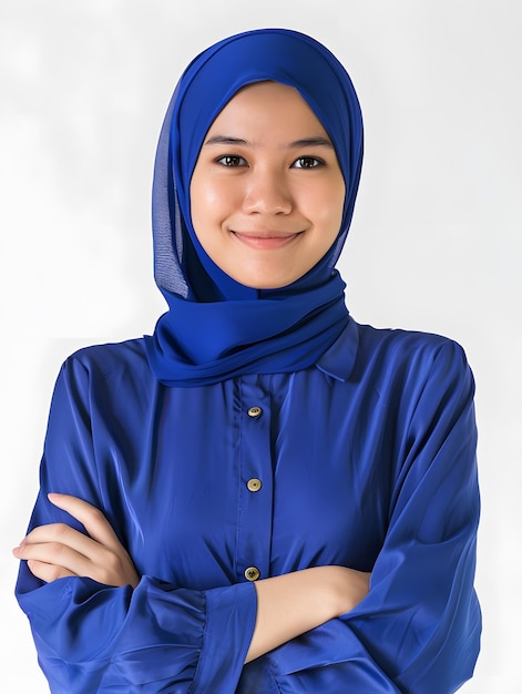 Photo a young business woman wearing blue shirt and hijab with radiant face smiling in to the camera with
