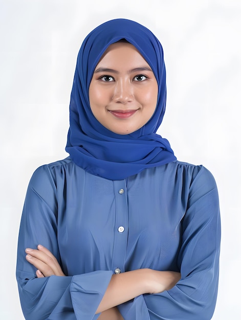 a young business woman wearing blue shirt and hijab with radiant face smiling in to the camera with