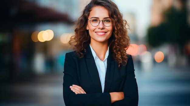 young business woman wearing elegant glasses smiling happy at the city
