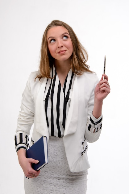 Young business woman on white