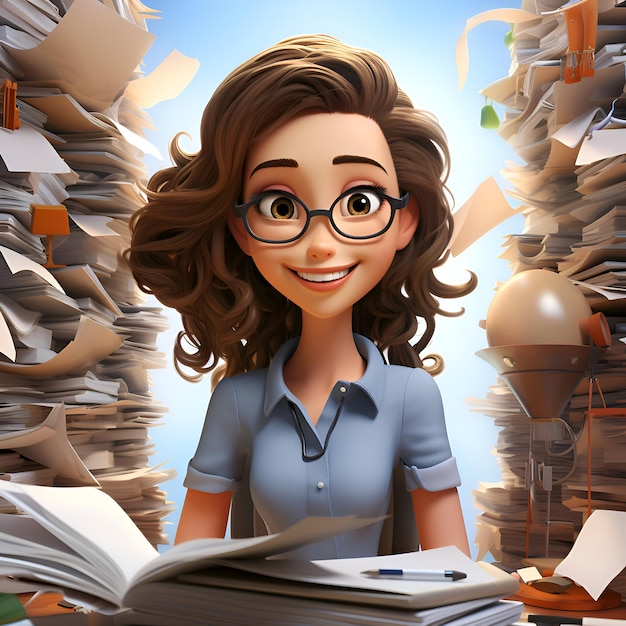 Young business woman with glasses sitting at her desk in the office with piles of documents