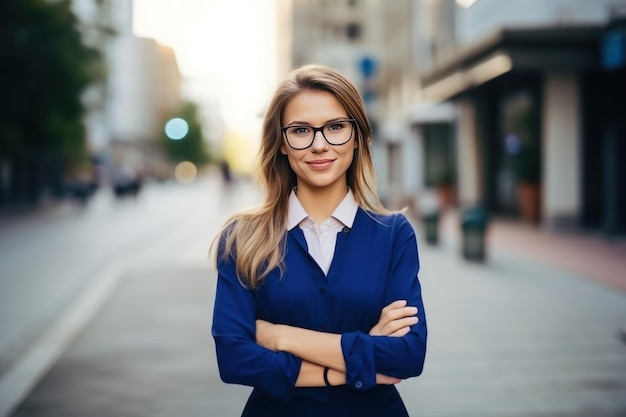 Young business woman with smile and crossed arms standing on the street with copy space Portrait of a cheerful entrepreneur girl with folded arms looking at camera