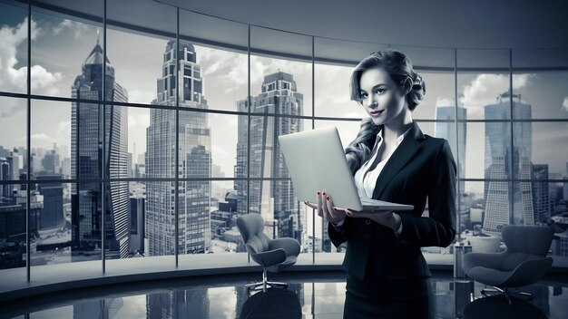 パノラマのウィーに立つラップトップを握っている豪華なオフィスで働く若いビジネス女性