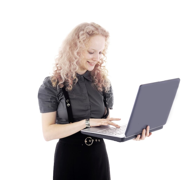 Young business woman working on laptopisolated on white