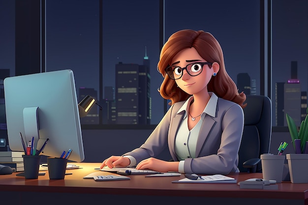 Young business woman working in office at night vector cartoon illustration of busy female character wearing eyeglasses and suit typing on desktop computer company employee working overtime