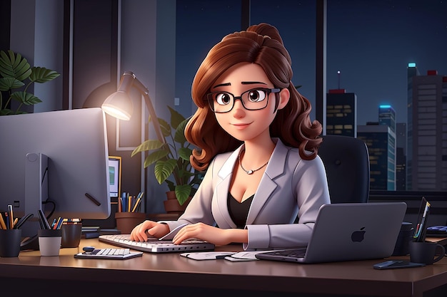 Young business woman working in office at night vector cartoon illustration of busy female character wearing eyeglasses and suit typing on desktop computer company employee working overtime