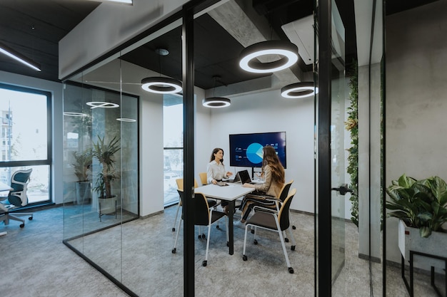 Young business women discussing in cubicle at the modern office