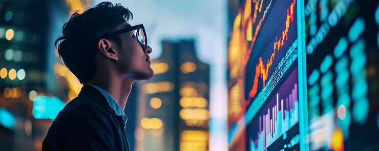 大都市のデジタルビルボードで金融データを分析している若いビジネスマン