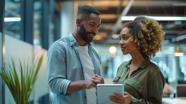 A young businessman and businesswoman are having a conversation in an office They are both smiling and looking at a tablet