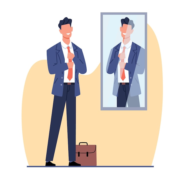 young businessman is tying his tie in front of mirror man checking his appearance preparing for new working day ambitious office character cartoon flat style isolated vector concept