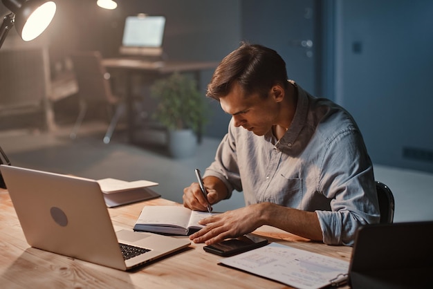 Young businessman is working on a new project at night