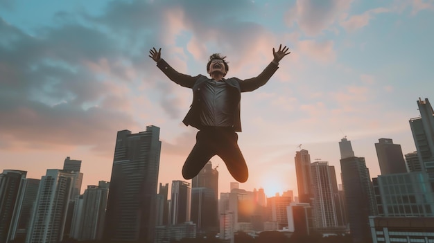 Young businessman jumping for joy in the air with the city skyline in the background