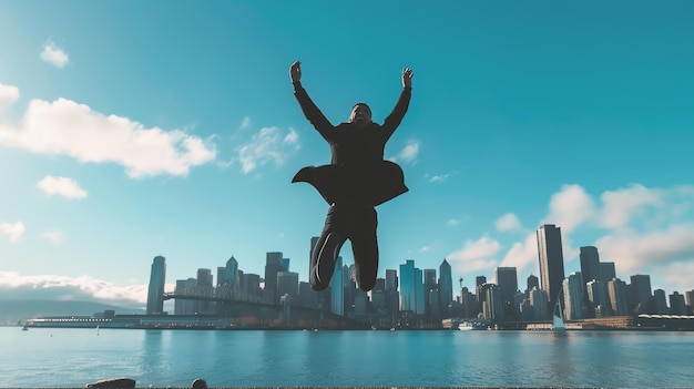 Young businessman jumping for joy in front of a cityscape