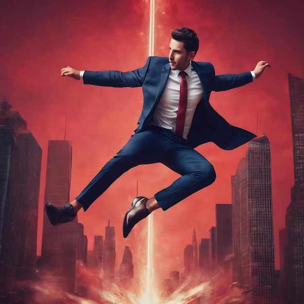 Young businessman jumping on red arrow o