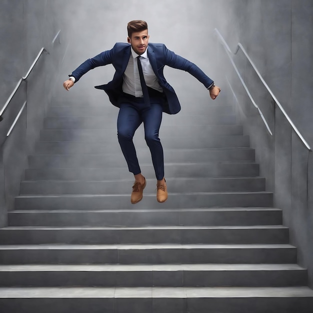 Young businessman jumping on stairs on gray background success and growth concept