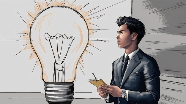 Young businessman looking at a light bulb