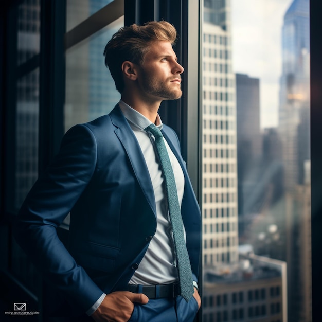 A young businessman looks contemplatively out of a city window captured in a palette of light teal and light navy