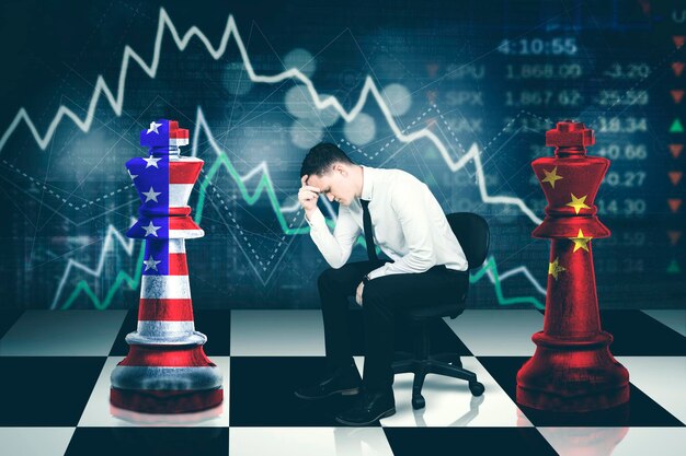 Photo young businessman looks stressed with trade war