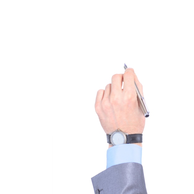 Photo young businessman makes a record isolated on a white background