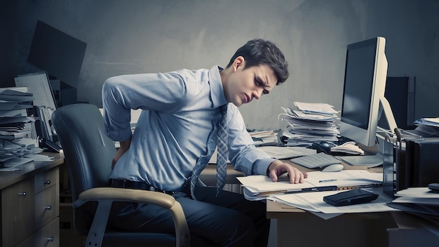 Young businessman in office at desk suffering from back pain in office