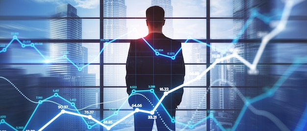 young businessman in office with panoramic blurry city view and forex graph finance trade communication executive and success concept