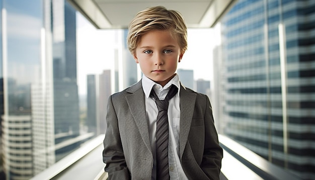 Young businessman owner of a company funny child fashion portrait of little handsome boy in office