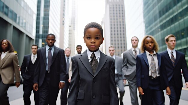 Young businessman owner of a company funny child fashion portrait of little handsome boy in office