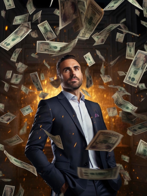 Young businessman portrait photo with a lot of banknotes money flying around
