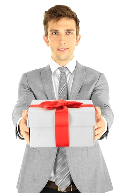 Photo young businessman present gift box, isolated on white