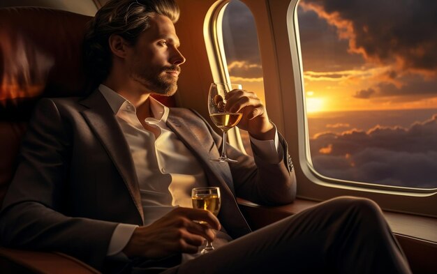 A young businessman seated on a business class flight enjoying a cup of coffee AI