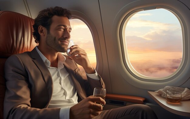 A young businessman seated on a business class flight enjoying a cup of coffee AI