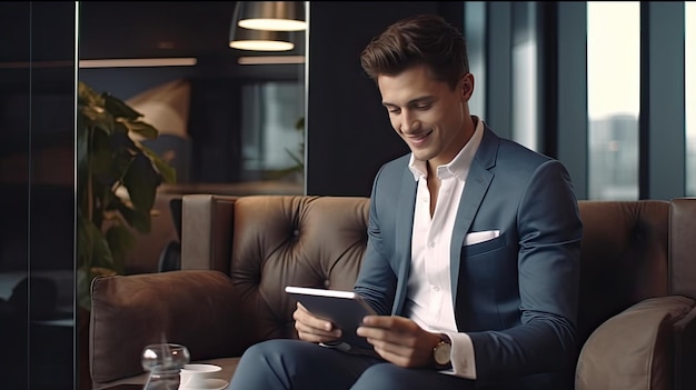 the young businessman seated on a sleek sofa in a minimalist interior confidently holding