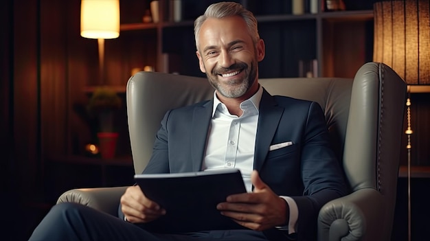 Photo the young businessman seated on a sleek sofa in a minimalist interior confidently holding