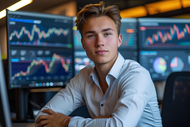 Young businessman sits in front of computer monitors looking at stocks