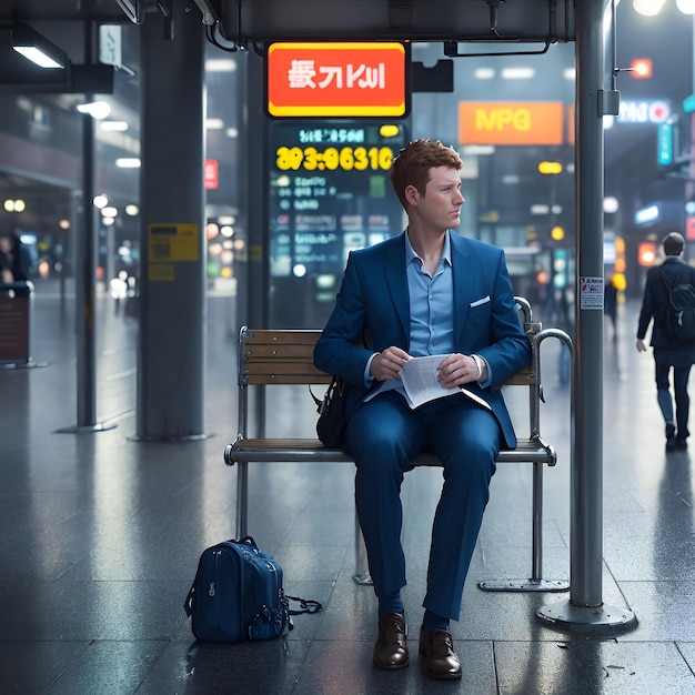 Young businessman sitting on a bench in a subway station and reading a newspaper