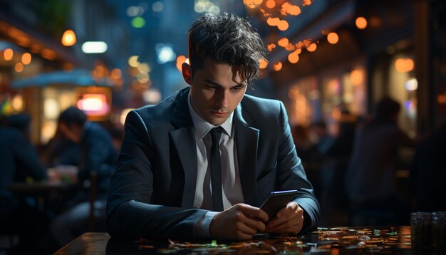 A young businessman sitting outdoors working on his smartphone generated by artificial intelligence