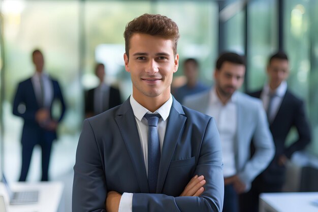Молодой бизнесмен улыбается камере на размытом офисном фоне