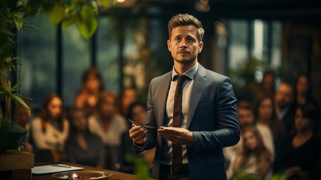 young businessman standing in conference room