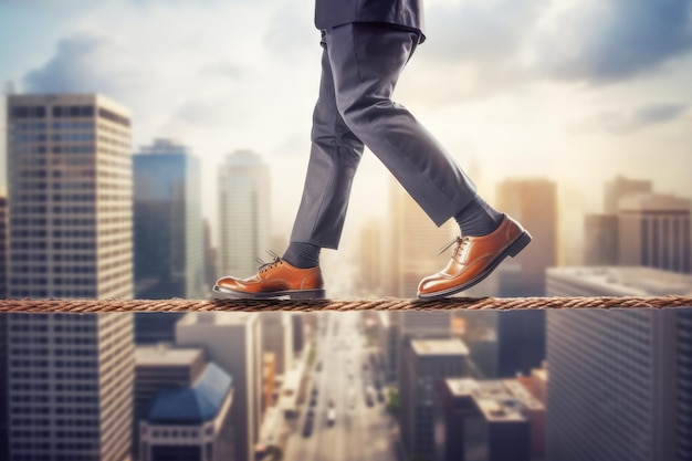 Photo young businessman in a suit carefully balances on a high narrow beam in the sky symbolizing the delicate equilibrium between risk and achievement in the world of business