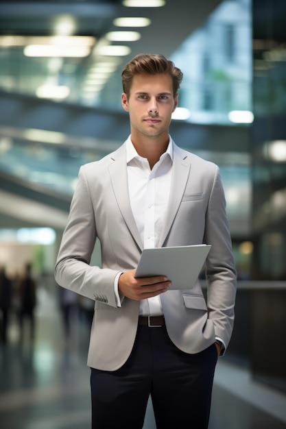 A young businessman in a suit is holding a tablet