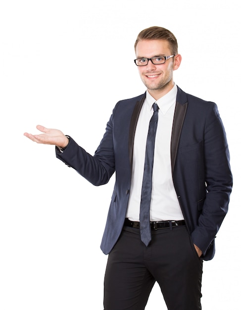 Photo young businessman take something on his hand, concept isolated