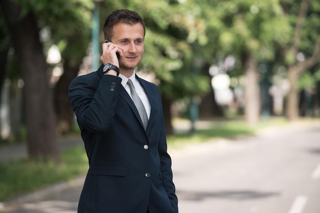 Giovane imprenditore parla al telefono mentre in piedi all'aperto nel parco