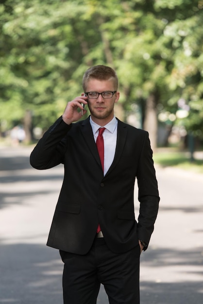 Young Businessman Talking On The Phone While Walking Outside In Park