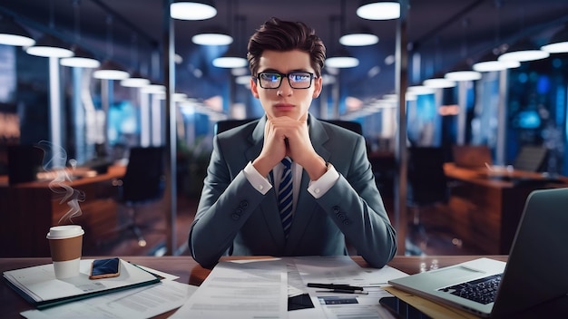 Young businessman thinking hard at the office desk