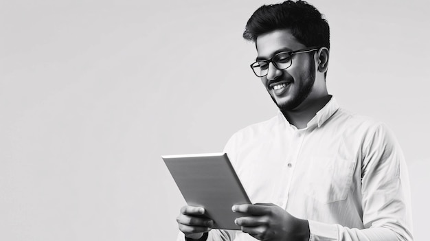 Young Businessman Using Tablet Computer in Portrait Isolated Background